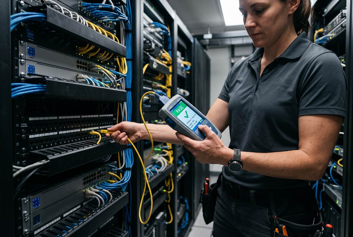 Technician certifying a copper link with a handheld cable tester