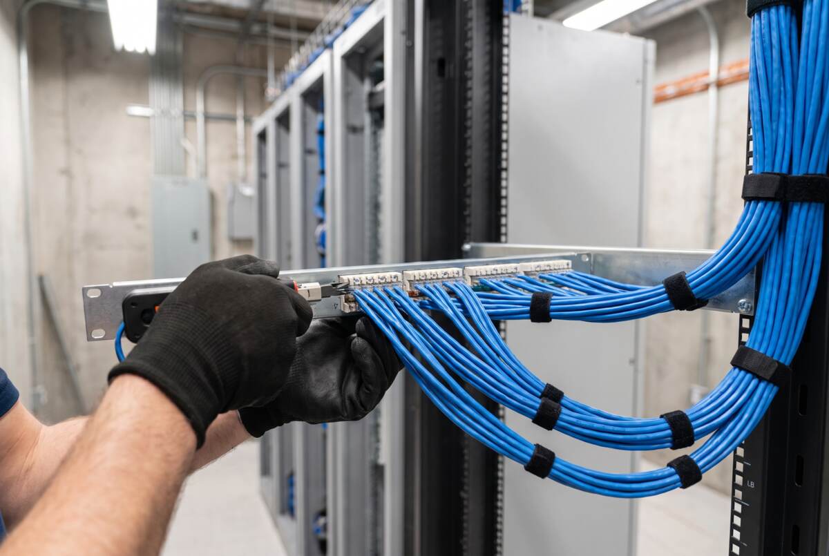 Technician terminating Cat-6 cable bundles on a patch panel