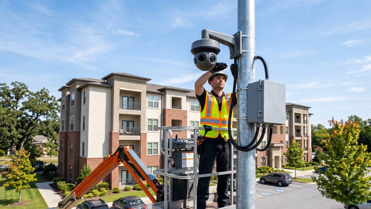 Technician installing a multi-sensor camera and NEMA enclosure on a pole